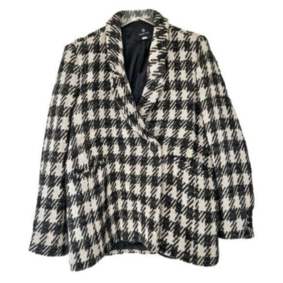 Anine Bing Diana Houndstooth Plaid Black Tan Double Breasted Blazer Size XL - Picture 3 of 14